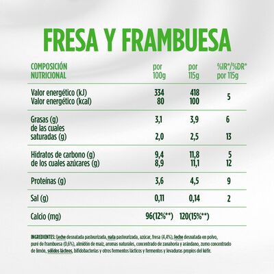 K&eacute;fir cremoso y suave con sabor a fresa y frambuesa Danone 100 gramos