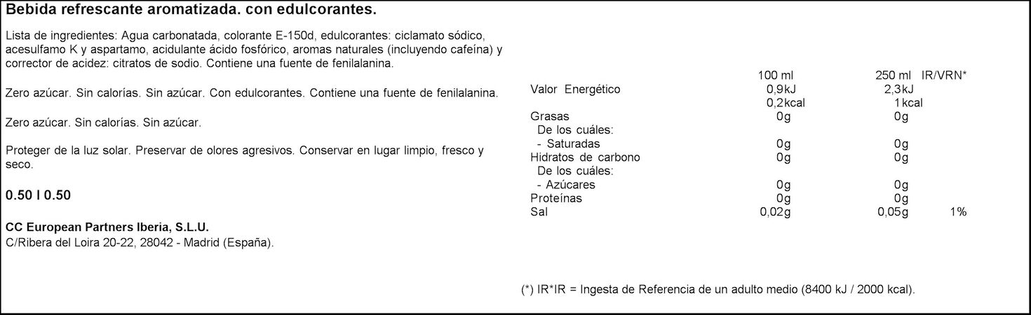 Refresco cola Coca-Cola botella 50cl zero