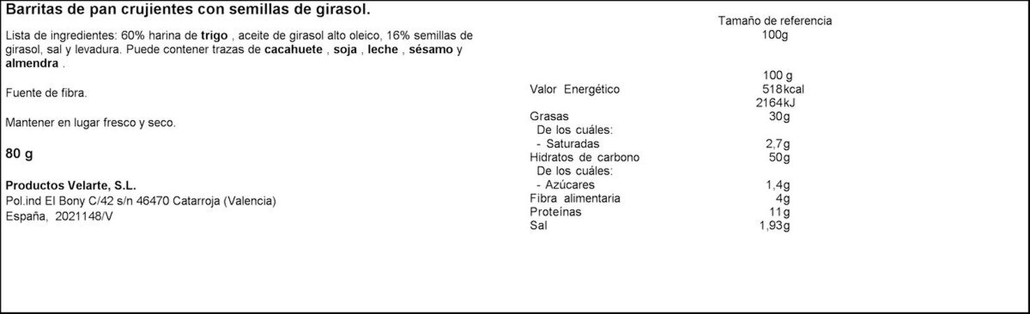 Barritas con pipas y semillas de girasol pan Velarte 80g