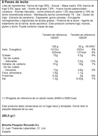 Pan de leche brioche Pasquier 8 uds 280g con masa madre