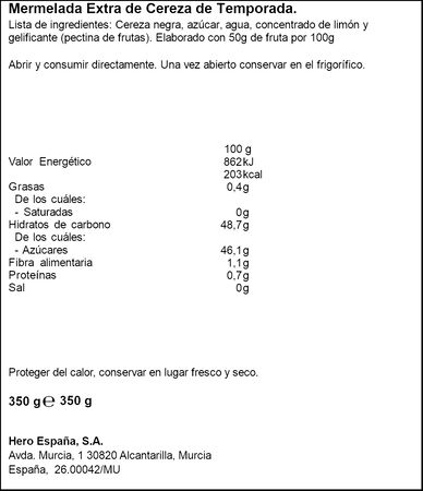 Mermelada de temporada con cerezas seleccionadas en la &uacute;ltima campa&ntilde;a Hero 350g
