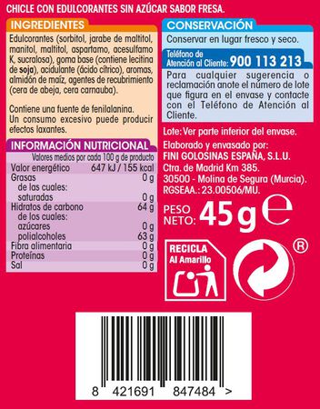 Chicles fresa s/gluten s/az&uacute;car Alipende 45g