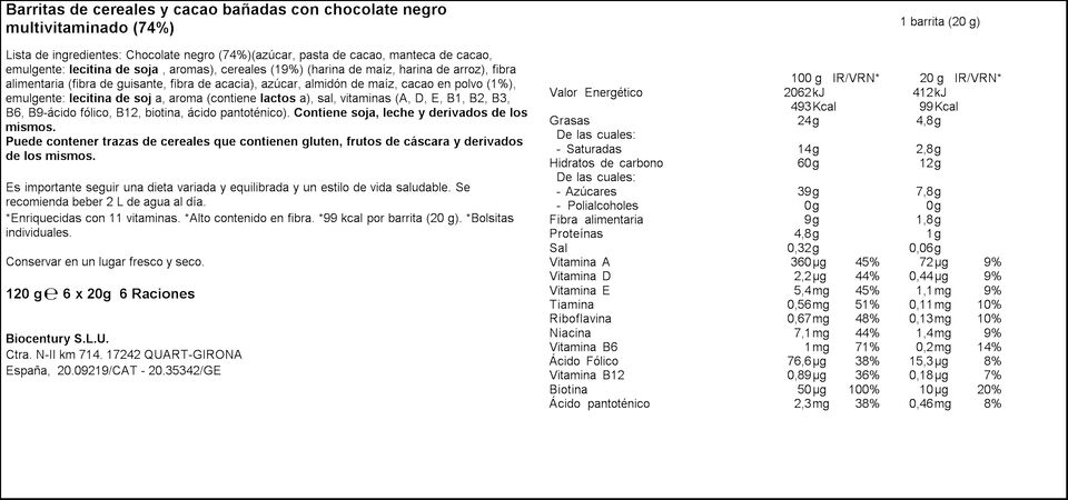 Barritas Bicentury 120g cholate negro y cereales
