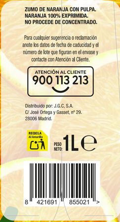 Zumo de naranja 100% exprimida con pulpa Aipende 1L