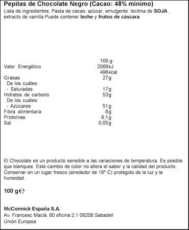 Pepitas de chocolate negro chunks Vahiné 100g