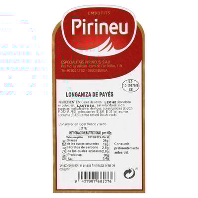 Longaniza payés Pirineu media o entera pieza 450g aproximadamente