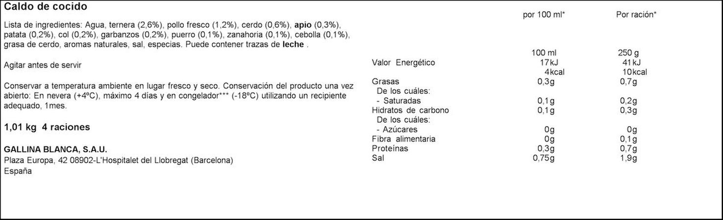 Caldo casero Gallina Blanca 1l cocido 100% natural