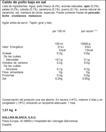 Caldo casero bajo en sal pollo natural Gallina Blanca 1l