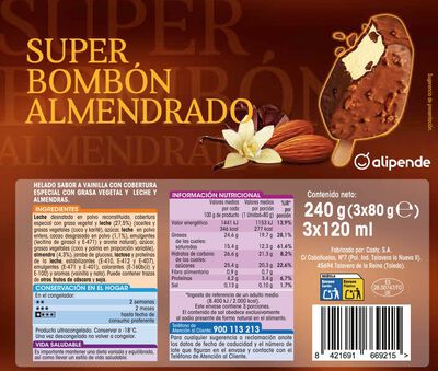 Helado super bomb&oacute;n Alipende 360 ml 3 uds