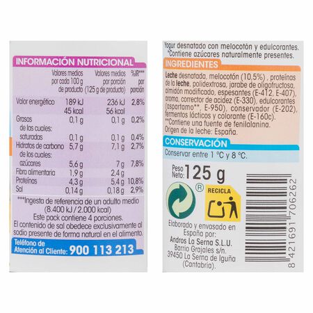 Yogur sin azúcar añadido Alipende pack 4 con melocotón 500g