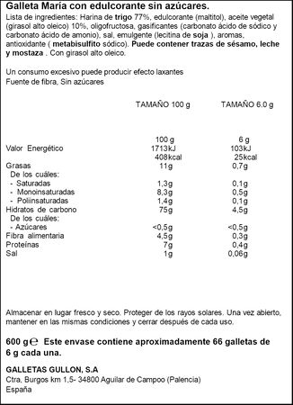 Galletas Mar&iacute;a sin az&uacute;car a&ntilde;adido zero Gull&oacute;n 400+200g