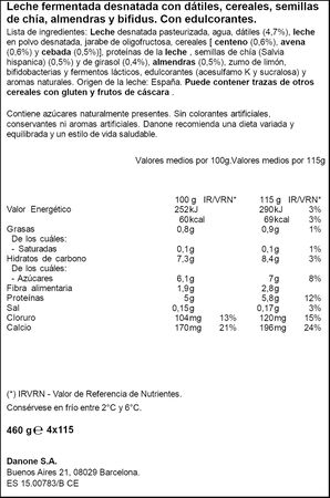 B&iacute;fidus probi&oacute;tico Activia desnatado 0% materia grasa pack 4 chia y almendras