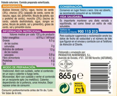 Fabada asturiana sin gluten Alipende 865g