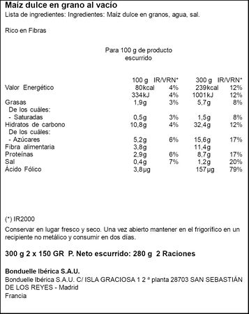 Ma&iacute;z dulce sin az&uacute;cares a&ntilde;adidos Bonduelle Pack 2 140g