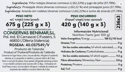 Pi&ntilde;a en su jugo Benimar P3 Rodajas