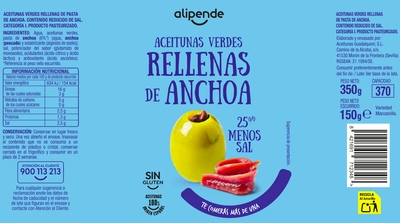 Aceitunas rellenas Alipende 150g suave reducido en sal