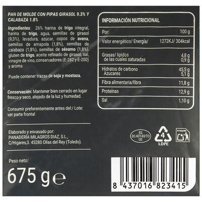 Pan de molde Pan Milagros de 675 g con pipas de girasol y calabaza