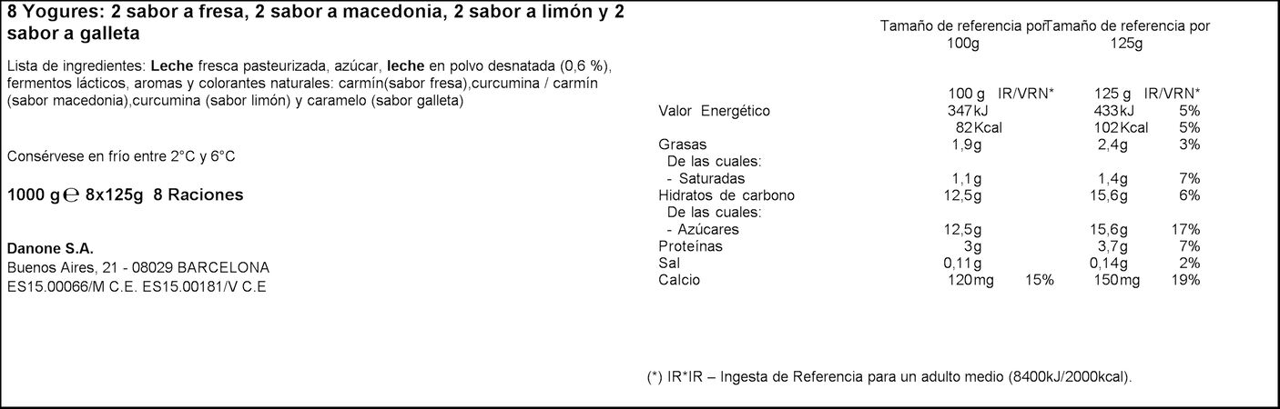 Yogur Danone pack 8 fresa limón macedonia galleta