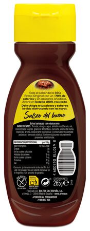 Salsa barbacoa cero sin az&uacute;car a&ntilde;adido Prima 265g
