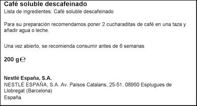 Caf&eacute; soluble descafeinado Nescaf&eacute; 200g