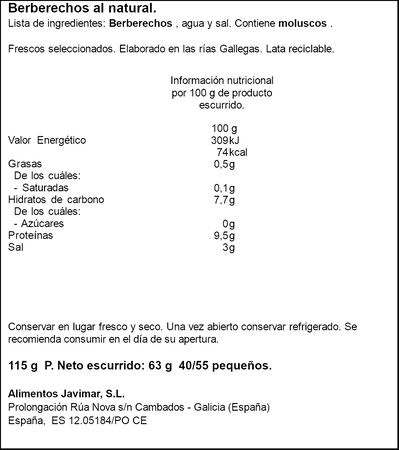 Berberechos frescos al natural Javimar 63g 40/55