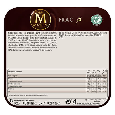 Helado bombón Magnum 330ml 3 uds frac