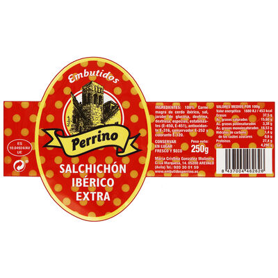 Salchich&oacute;n ib&eacute;rico extra perrino con un peso de 250g
