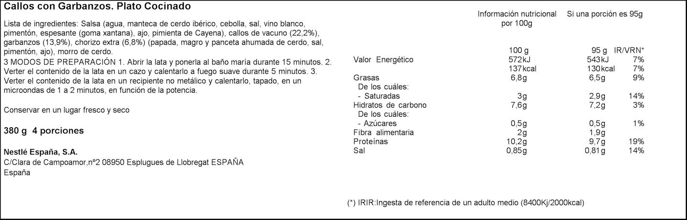 Callos Litoral 380g con garbanzos