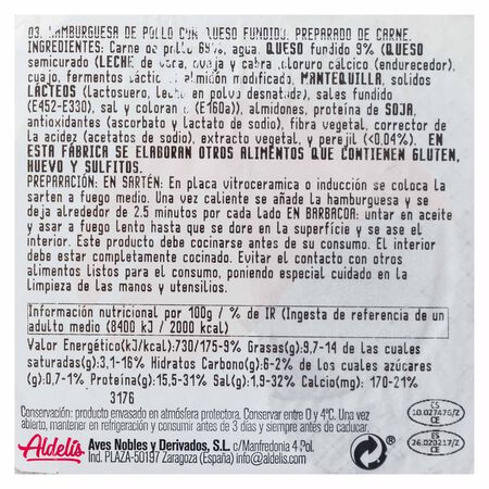 Hamburguesa de pollo con queso Aldelis pack 4 de 80g