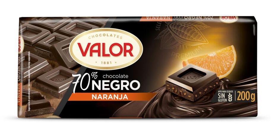 Chocolate negro 70% de cacao naranja s/gluten Valor 200g