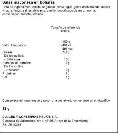 Mayonesa Helios 20 bolsitas individuales
