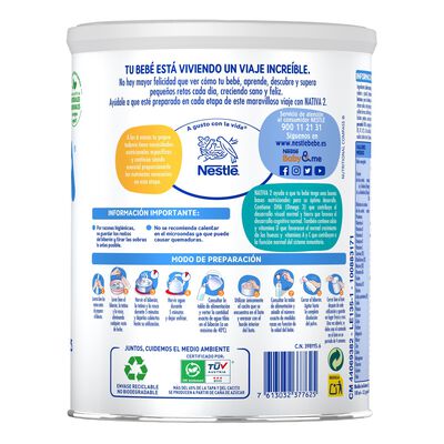 Leche continuaci&oacute;n polvo Nativa 2 Nestl&eacute; desde 6meses 800g