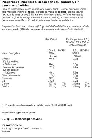 Cacao 0% con fibra sin az&uacute;car a&ntilde;adido Colacao 300g