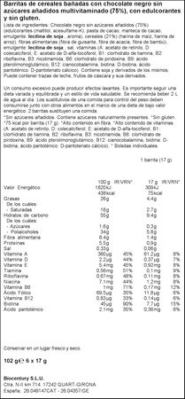 Barritas de cereales con chocolate negro sin azúcares añadidos Bicentury 102g