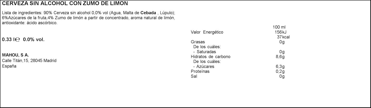 Cerveza sin alcohol con limón San Miguel 0,0% Radler 33cl