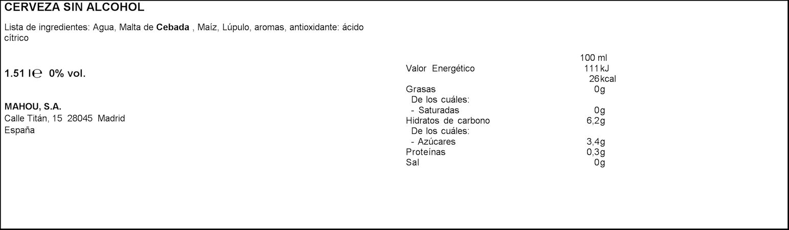 Cerveza sin alcohol Mahou 00 Tostada pack 6 botellas 25cl