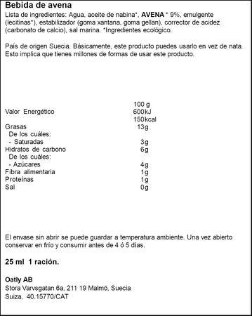 Crema de avena para cocinar bio Oatly 250 ml