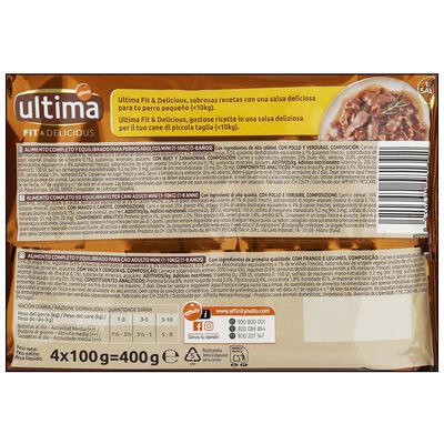 Ultima perro mini h&uacute;medo en salsa con pollo / buey 4x100gr