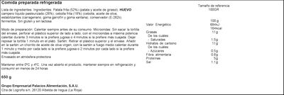 Tortilla de patata con cebolla sin gluten Palacios 650g