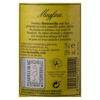 Vino manzanilla DO San L&uacute;car de Barrameda Muyfina