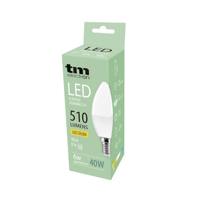Bombilla Led vela e14 pl&aacute;stico TM c37 6W c&aacute;lida