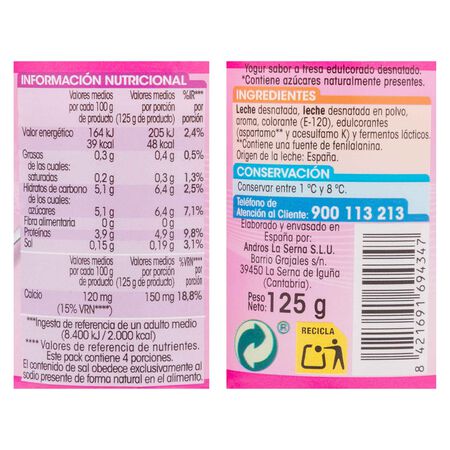 Yogur desnatado Alipende pack 4 fresa 500g