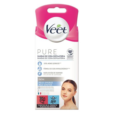 Banda de cera depilatoria facial pure Veet 20 uds pieles sensibles