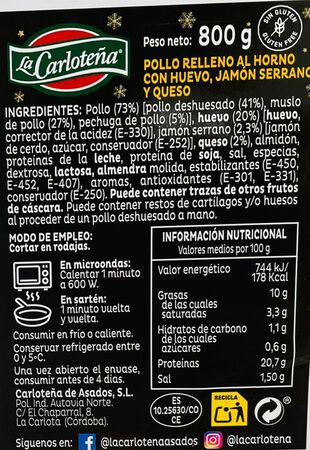 Pollo relleno de huevo, jamón y queso Carloteña 800gr