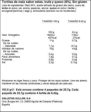 Tortita de ma&iacute;z sabor setas queso y trufa Vitalday 103g