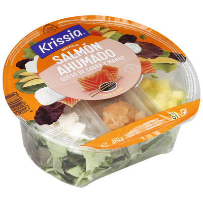 Ensalada Krissia con salmón ahumado queso de cabra y mango 150g