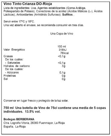 Vino tinto crianza con D.O Rioja Berberana 75 cl