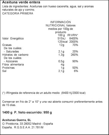 Aceitunas verdes con hueso campo real Guerra 950g