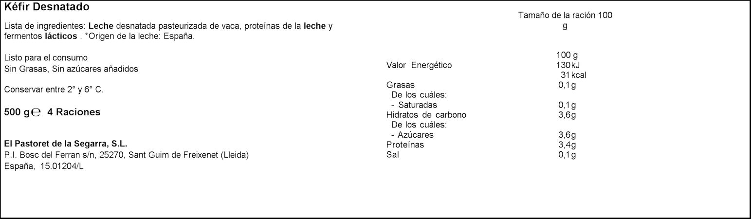Kéfir 0% MG Pastoret 500g leche de vaca de pasto