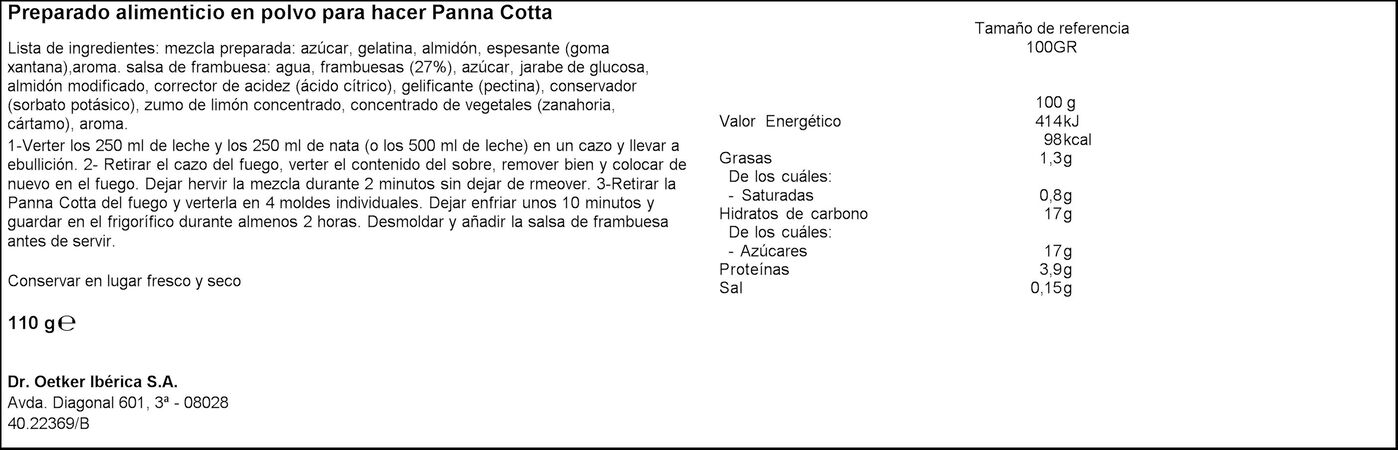Pannacotta de frambuesa Dr Oetker 109g